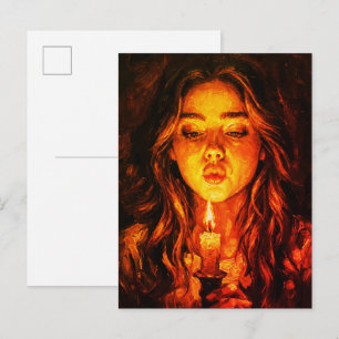 Carte Postale Femme mystérieuse soufflant une bougie, peinture à
