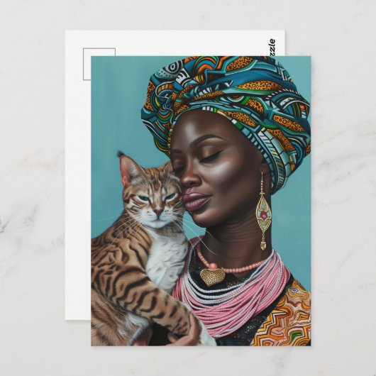 Carte Postale Femme noire avec chat (Devant / Derrière)