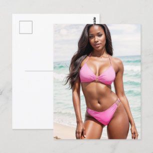 Carte Postale Femme Noire En Bikini Rose