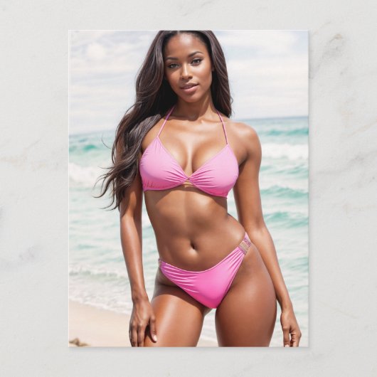 Carte Postale Femme Noire En Bikini Rose (Devant)