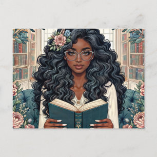 Carte Postale Femme Noire Lecture Livre Portant des lunettes