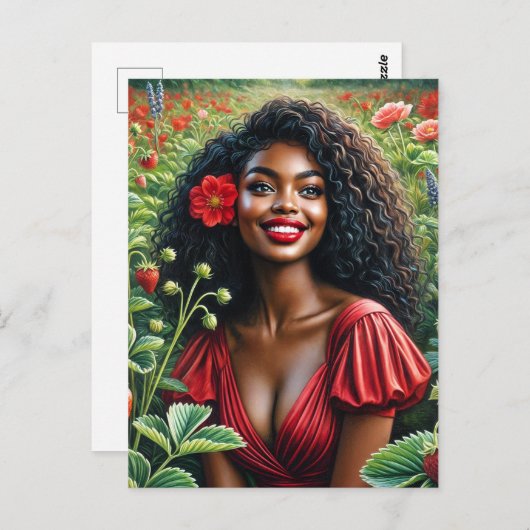 Carte Postale Femme Noire Souriante Dans L'Art Rouge Fraise (Devant / Derrière)