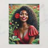 Carte Postale Femme Noire Souriante Dans L'Art Rouge Fraise (Devant)