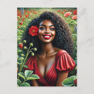 Carte Postale Femme Noire Souriante Dans L'Art Rouge Fraise
