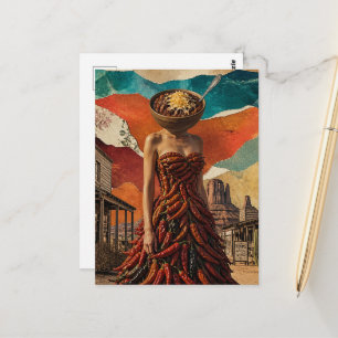 Carte Postale Femme occidentale avec un bol de chili pour tête s