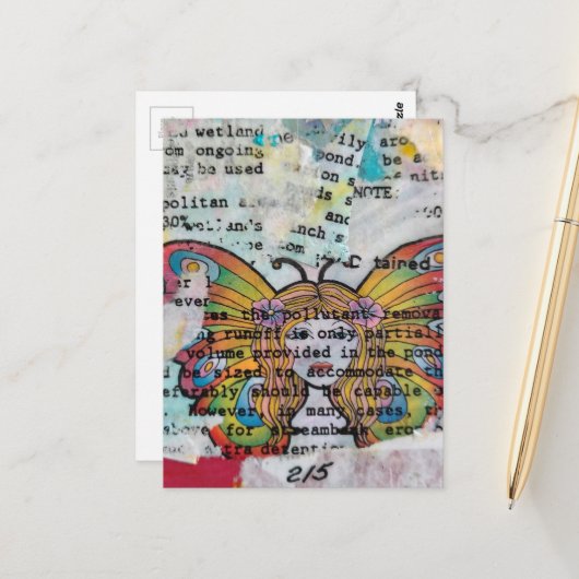 Carte Postale Femme papillon hippie Collage de techniques mixtes (Devant/Arrière en situation)