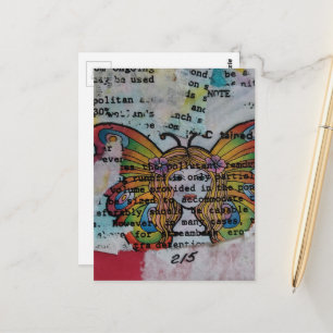 Carte Postale Femme Papillon Hippie Rétro en Collage Multimédia