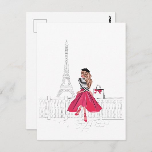 Carte Postale Femme parisienne par Tour Eiffel (Devant / Derrière)