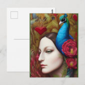 Carte Postale Femme, Peacock, Fleurs rouges et coeur (Devant / Derrière)