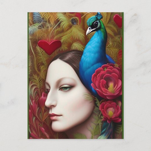 Carte Postale Femme, Peacock, Fleurs rouges et coeur (Devant)