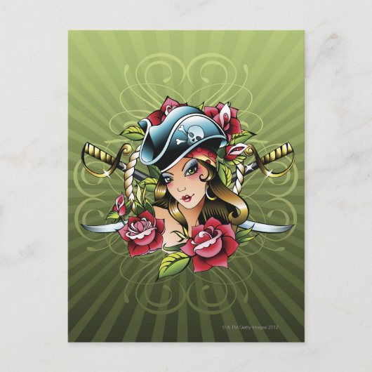 Carte Postale Femme pirate avec roses et épées (Devant)