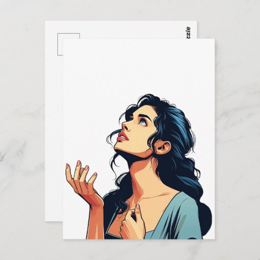 Carte Postale Femme Regarder prier Dieu illustration art (Devant / Derrière)