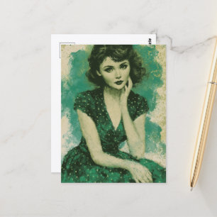 Carte Postale Femme Rétro dans une Robe Verte à Pois Blancs