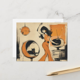 Carte Postale Femme Rétro en Orange Danse Avec Chat Noir