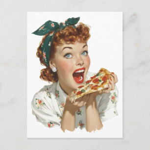 Carte Postale Femme Rétro Savourant une Tranche de Pizza