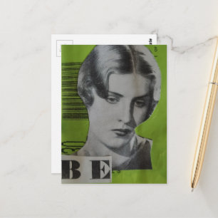 Carte Postale Femme Rétro sur Collage de Médias Mixtes Vert