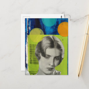 Carte Postale Femme Rétro sur Collage de Médias Mixtes Vert et B