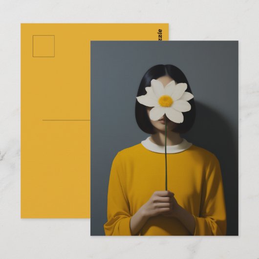 Carte Postale Femme robe jaune Fleur blanche (Devant / Derrière)