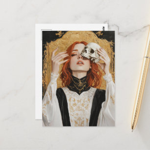 Carte Postale Femme rousse magnifique avec un crâne