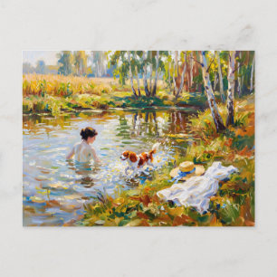 Carte Postale Femme se baignant dans un étang avec Cavalier Span