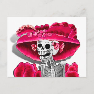 Carte Postale Femme Squelette Riante en Bonnet Rouge