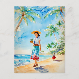 Carte Postale Femme sur la plage d'Hawaï Peinture à l'aquarelle,