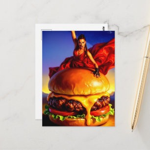 Carte Postale Femme sur un cheeseburger