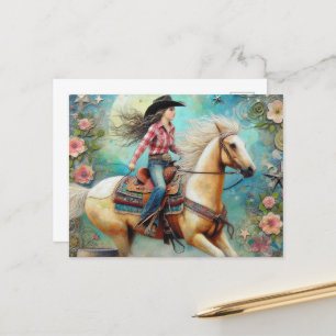 Carte Postale Femme sur un Palomino Pinto Horse