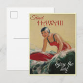 Carte Postale Femme surfeuse vintage Hawaï Voyage (Devant / Derrière)