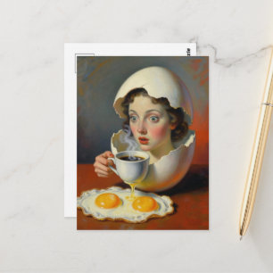 Carte Postale Femme surréaliste au petit-déjeuner dans un œuf fê