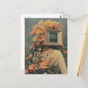 Carte Postale Femme surréaliste avec tête de télé et fleurs 