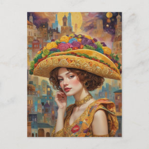 Carte Postale Femme surréaliste avec un chapeau de taco géant