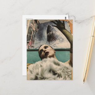 Carte Postale Femme surréaliste et visite guidée de requins