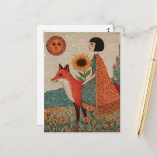 Carte Postale Femme surréaliste fantastique et son renard rouge