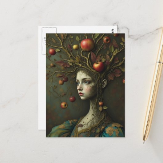 Carte Postale Femme surréaliste pommier (Devant/Arrière en situation)