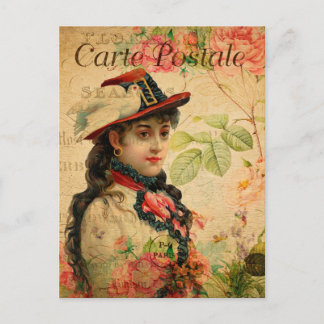 Carte Postale Femme tzigane vintage avec Casquette et colombe Fr