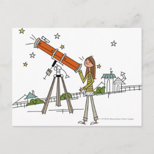 Carte Postale Femme utilisant un télescope astronomique