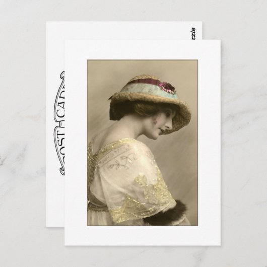 Carte Postale Femme victorienne en chapeau et robe perlée (Devant / Derrière)