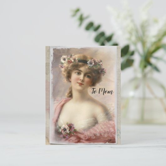 Carte Postale Femme victorienne en détresse avec fleurs sur aqua (Debout devant)