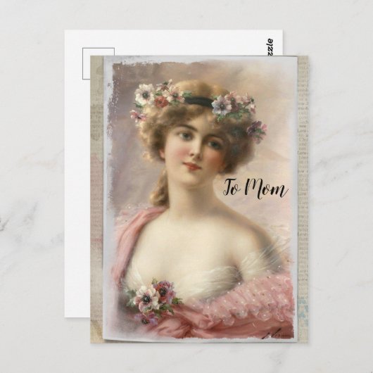 Carte Postale Femme victorienne en détresse avec fleurs sur aqua (Devant / Derrière)