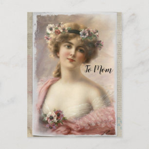 Carte Postale Femme victorienne en détresse avec fleurs sur aqua
