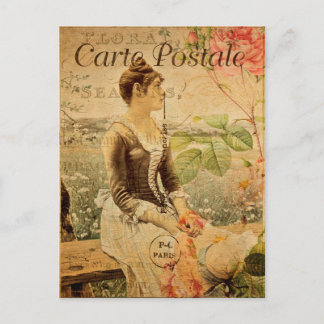 Carte Postale Femme vintage à la campagne Fleurs florales França