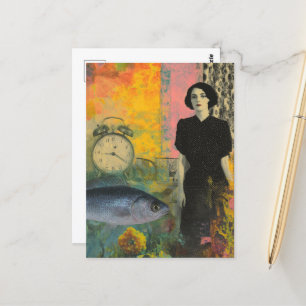 Carte Postale Femme vintage Avec Collage Coloré Poisson