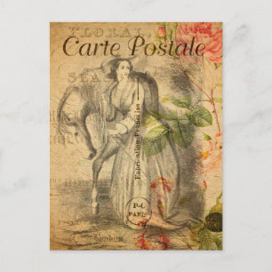 Carte Postale Femme vintage avec son cheval Fleurs florales Fran