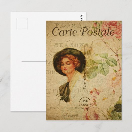Carte Postale Femme vintage en Casquette (Devant / Derrière)