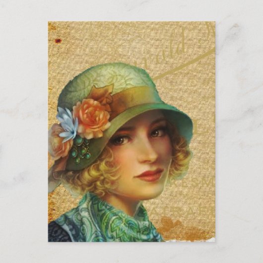 Carte Postale Femme vintage en collage casquette (Devant)