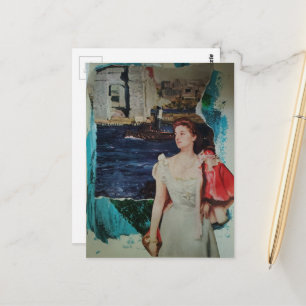 Carte Postale Femme Vintage le Long de la Rivière Collage de Méd