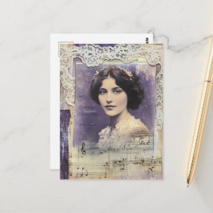 Carte Postale Femme Vintage Musique de Feuille de Collage Violet