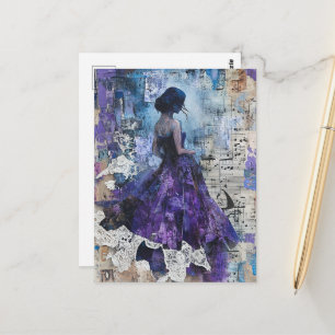 Carte Postale Femme Vintage Robe Violette Collage Multimédia
