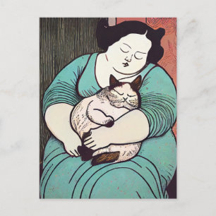 Carte Postale Femme voluptueuse Linocut tenant un chat